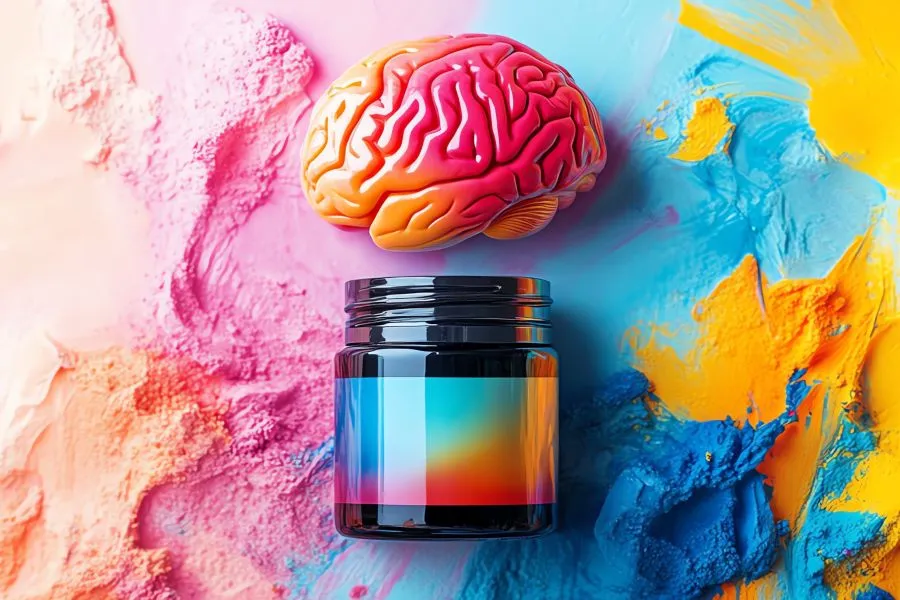 A pot of cosmetics with a brain on top of it.